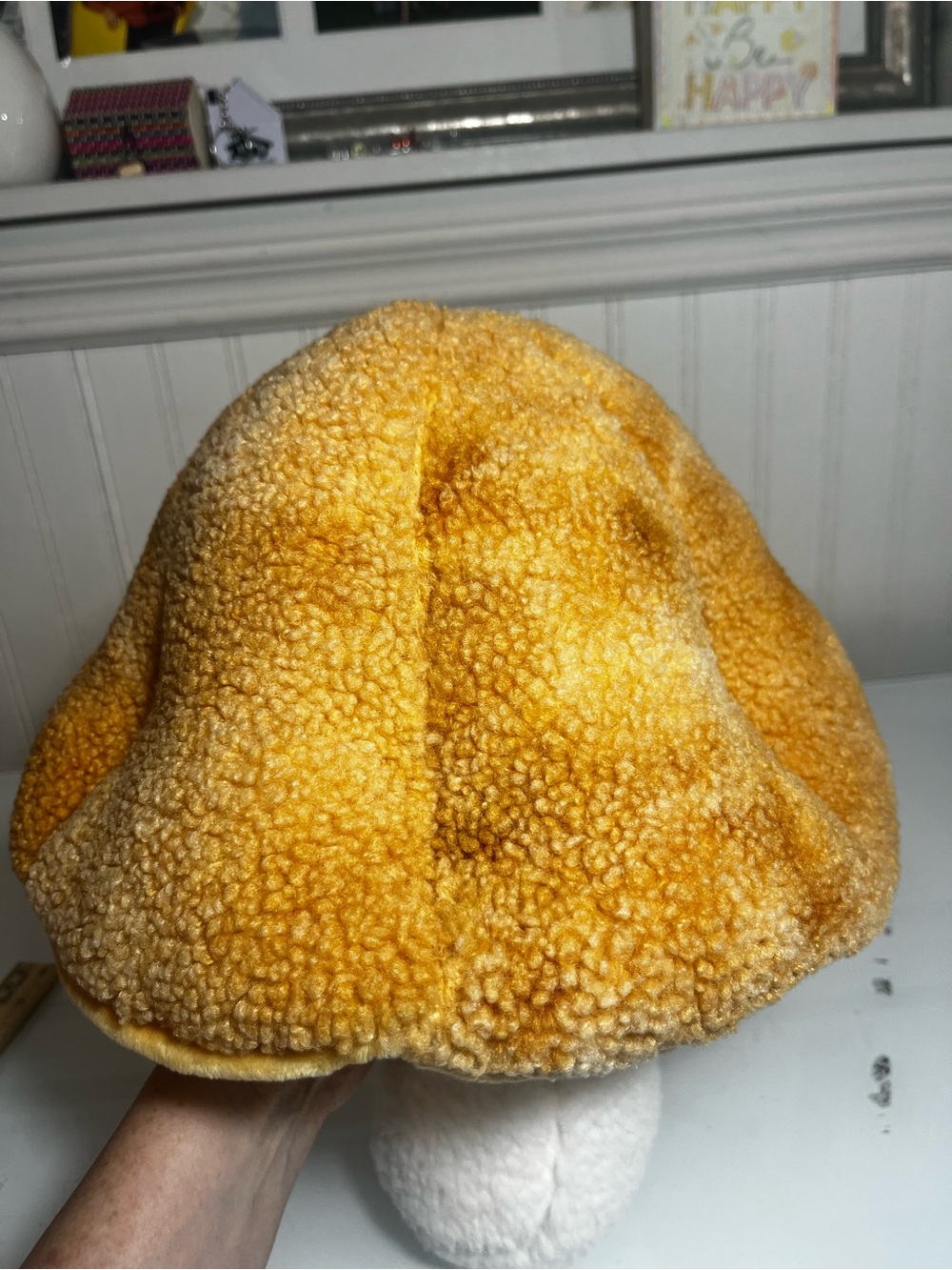 Plush Mushroom Decor Cottagecore Sherpa Corduroy Yellow Gold Toadstool Pillow - Picture 10 of 13